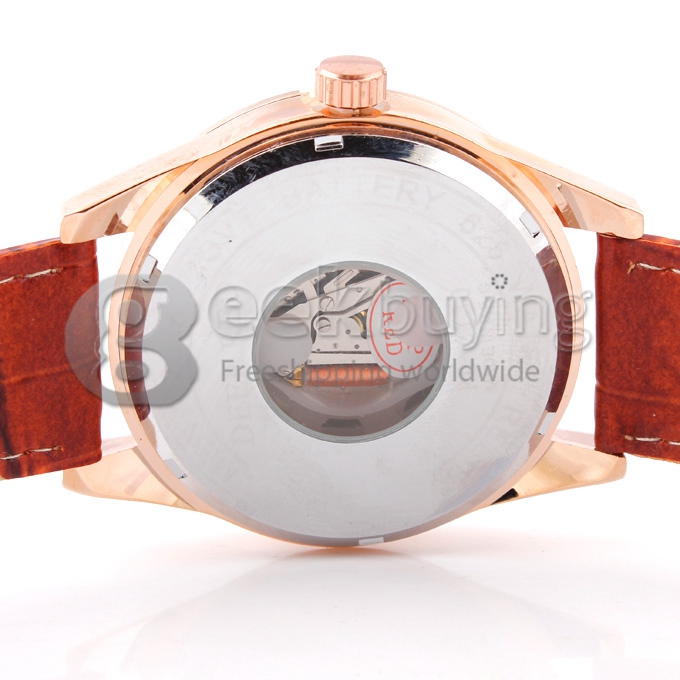 DEEP RED 2130 Hollow Gold Case Round Dial Brown Leather Band Unisex Quartz Wrist Watch - White