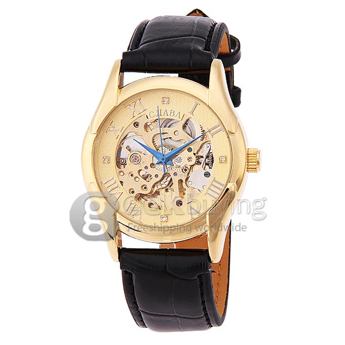 Makibes CJIABA GM0001 Fashion Leather Strap Analog Automatic Mechanical Wrist Watch for Men - Golden(with Box)