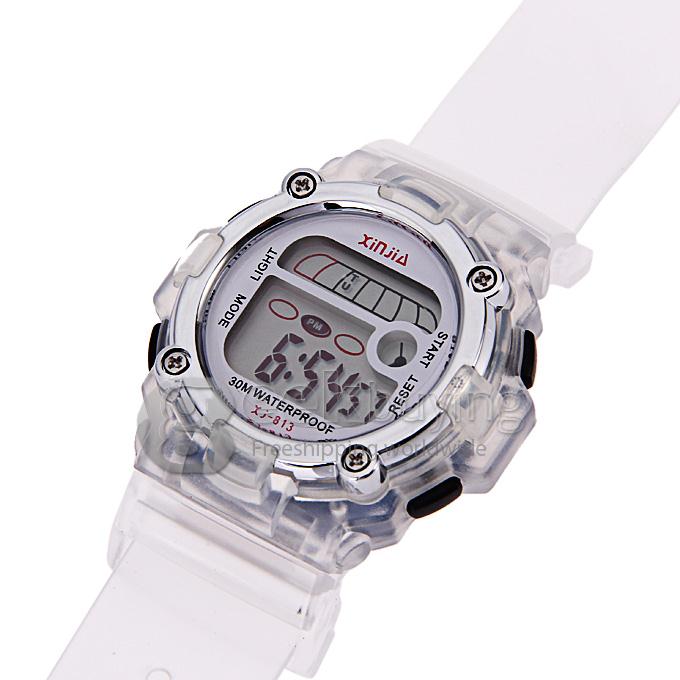 813 Children's Multi-Functional Water Proof Rubber Band LCD Quartz Digital Sport Wrist Watch with Cool Light - White