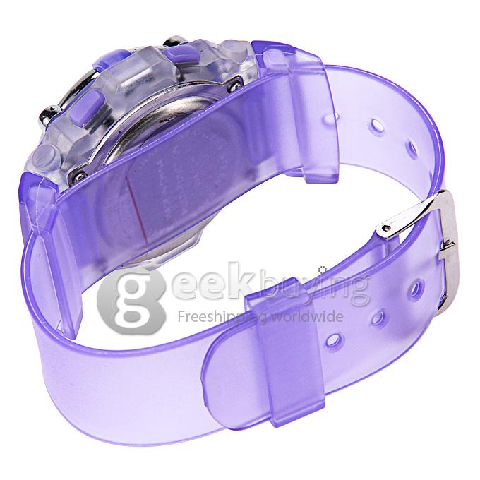 813 Children's Multi-Functional Water Proof Rubber Band LCD Quartz Digital Sport Wrist Watch with Cool Light - Purple