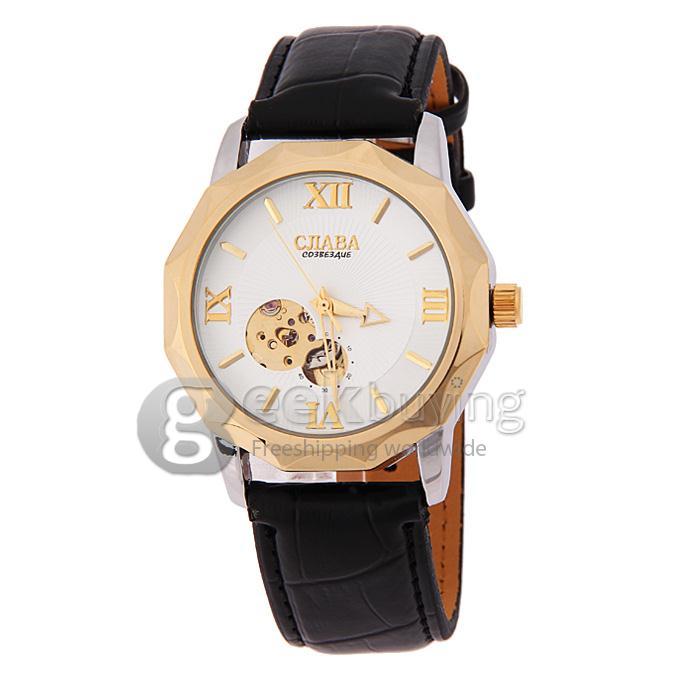 Makibes CJIABA GK8001 Luxury Leather Strap Analog Automatic Mechanical Wrist Watch for Men - White(with Box)