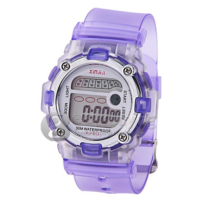 813 Children's Multi-Functional Water Proof Rubber Band LCD Quartz Digital Sport Wrist Watch with Cool Light - Purple