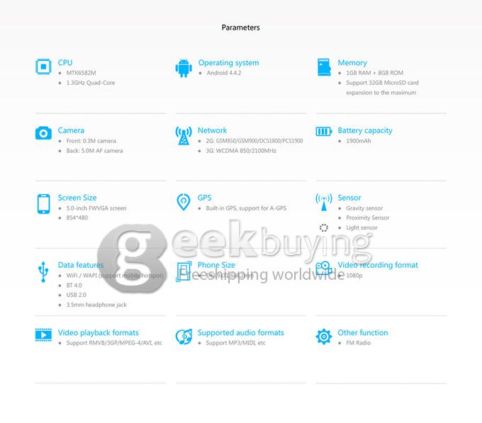 THL T6S FWVGA MTK6582M Quad Core 1.3GHz Smartphone 5.0 Inch 1G RAM 8.0MP Android 4.4.2 OS 3G GPS - White