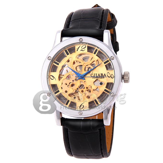 Makibes CJIABA GM0002 Luxury Leather Strap Analog Automatic Mechanical Wrist Watch for Men - Golden(with Box)