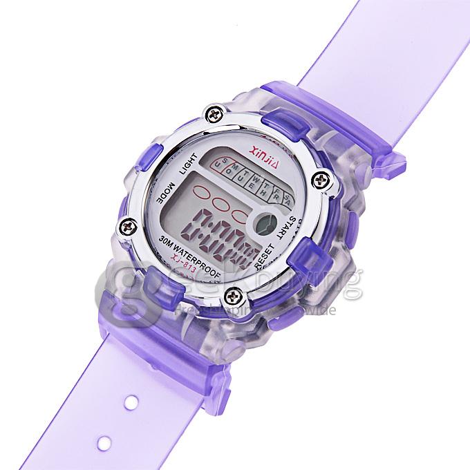 813 Children's Multi-Functional Water Proof Rubber Band LCD Quartz Digital Sport Wrist Watch with Cool Light - Purple