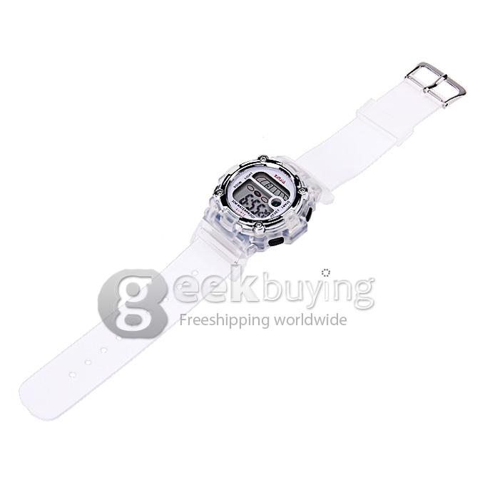 813 Children's Multi-Functional Water Proof Rubber Band LCD Quartz Digital Sport Wrist Watch with Cool Light - White