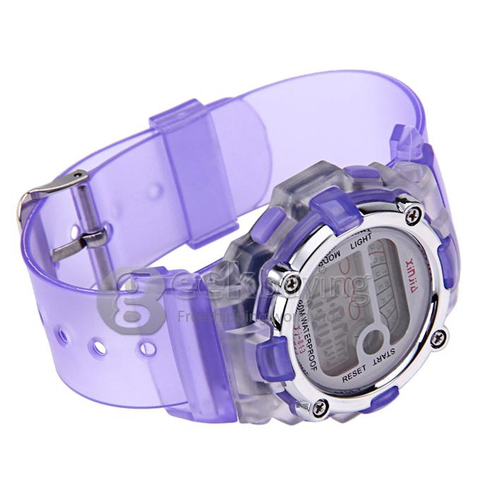 813 Children's Multi-Functional Water Proof Rubber Band LCD Quartz Digital Sport Wrist Watch with Cool Light - Purple