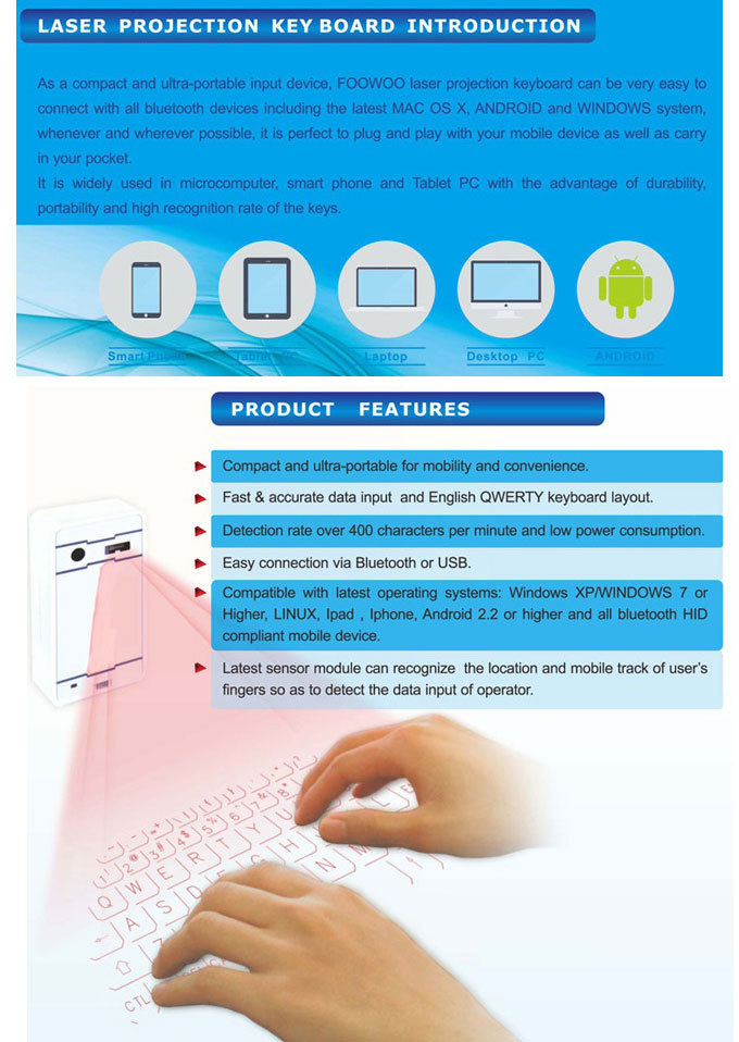 Atongm M1 Bluetooth Laser Projection Virtual Keyboard for iPhone/iPad/Android Tablet/Windows PC/Smartphone/Macbook