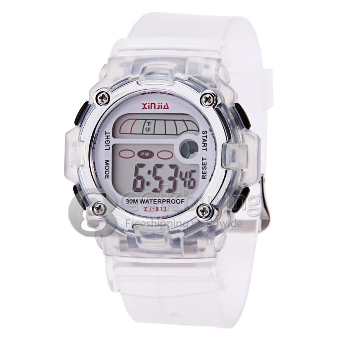 813 Children's Multi-Functional Water Proof Rubber Band LCD Quartz Digital Sport Wrist Watch with Cool Light - White