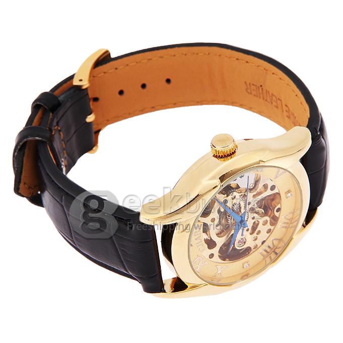 Makibes CJIABA GM0001 Fashion Leather Strap Analog Automatic Mechanical Wrist Watch for Men - Golden(with Box)