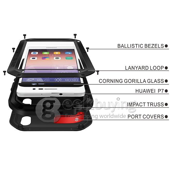 Love Mei Shock/Water Proof Heavy Duty Rugged Aluminum Metal Cover Case For Huawei P7 - Black