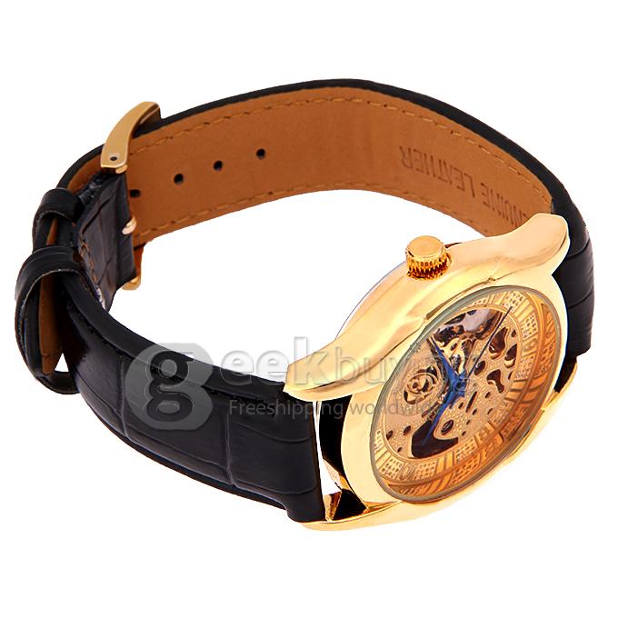 Makibes CJIABA GM0003 Luxury Leather Strap Analog Automatic Mechanical Wrist Watch for Men - Golden(with Box)