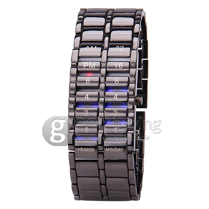 Unisex Colourful LED Display Lava Style Steel Band Wrist Watch for Men/Women - Black