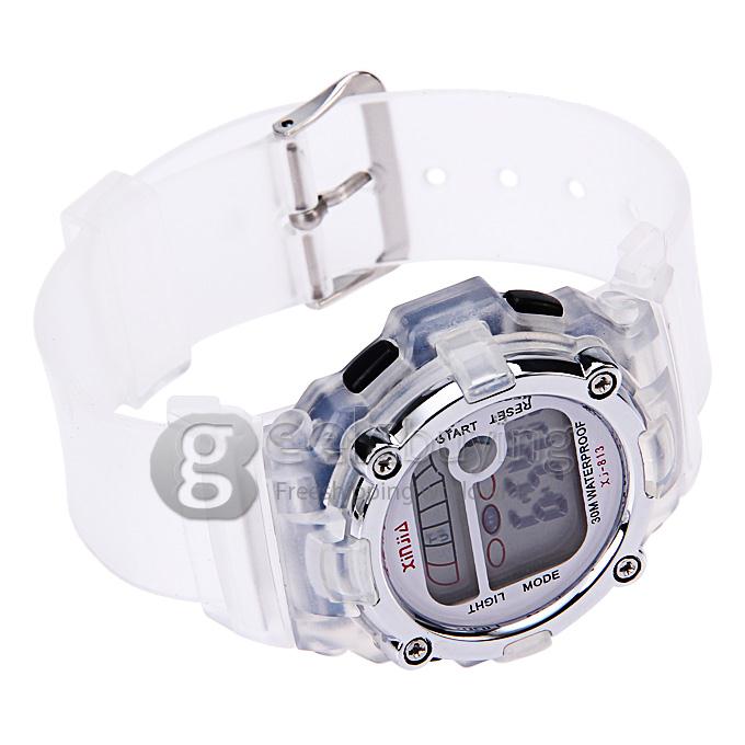 813 Children's Multi-Functional Water Proof Rubber Band LCD Quartz Digital Sport Wrist Watch with Cool Light - White