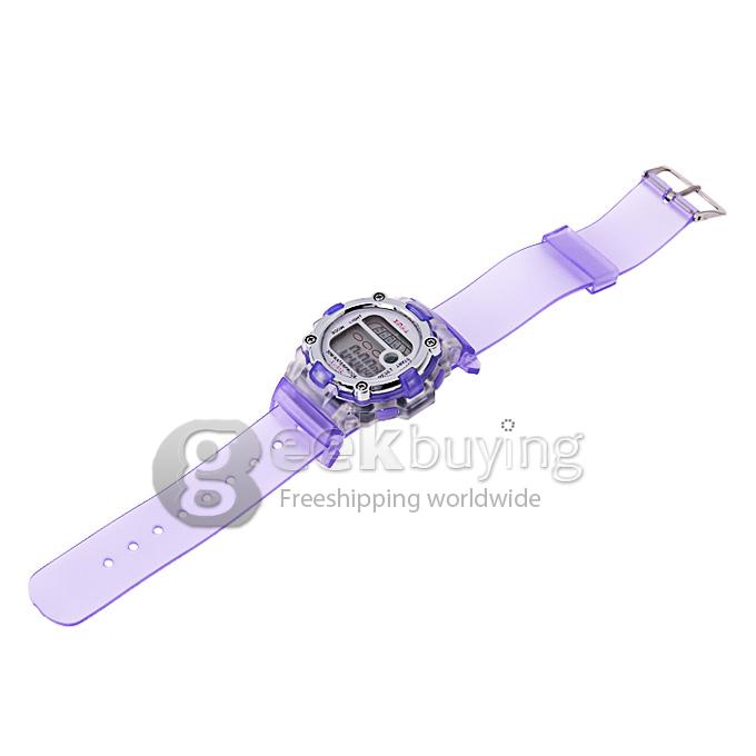 813 Children's Multi-Functional Water Proof Rubber Band LCD Quartz Digital Sport Wrist Watch with Cool Light - Purple