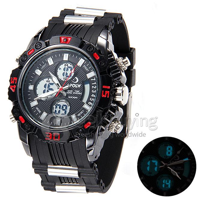 Hpolw 610 LED Big Dial Stainless Steel Analog-Digital Quartz Sport Wrist Watch for Man - Red