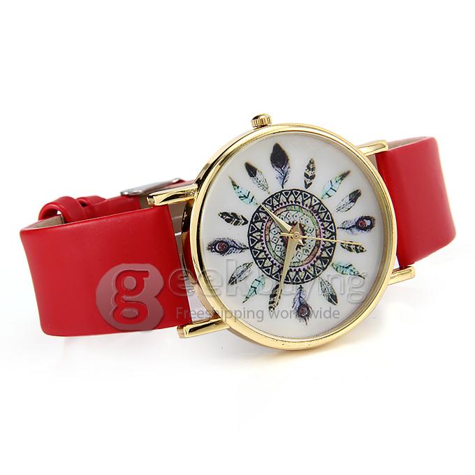 Fashion Peacock Feathers Pattern Leather Strap Analog Quartz Wrist Watch for Woman - Red