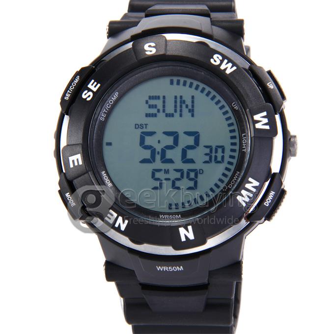 POPART POP-831 Unisex Green Light LED Compass Digital Silicon Band Sport Wrist Watch - Silver