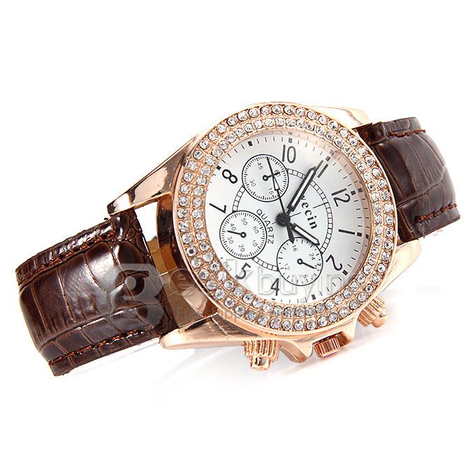 Wecin A-963 Women's Lady Style Casual Leather Band Analog Quartz Wrist Watch with Diamond - Brown