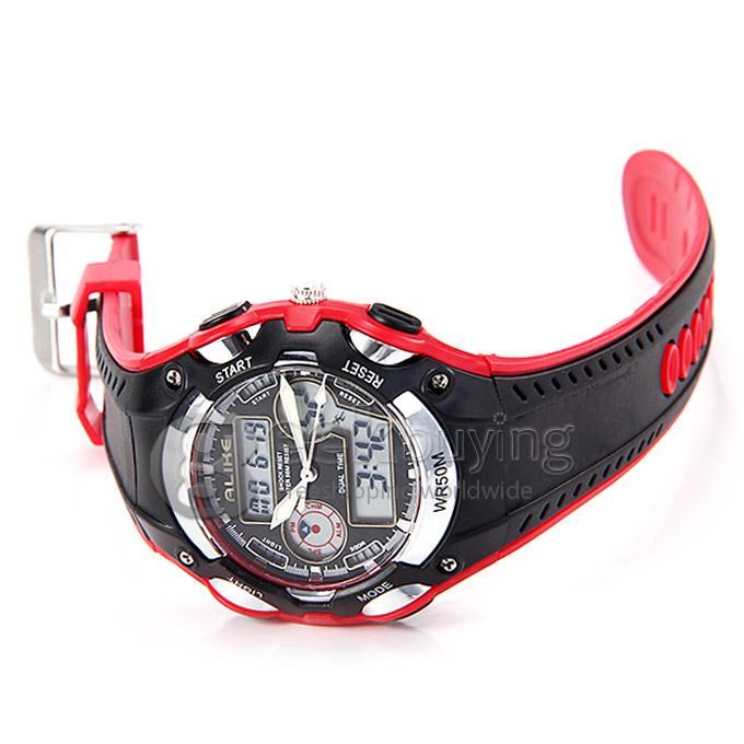 ALIKE AK9132 LED Alloy Digital Quartz Rubber Strap 50 Meters Waterproof Sport Utility Wrist Watch - Red