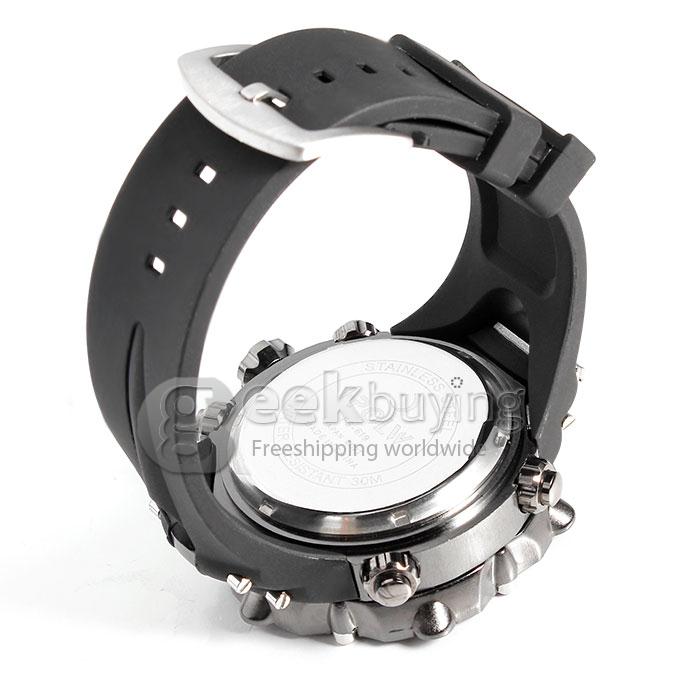 Hpolw 619 Men's LED Analog-Digital Multi-Functional Stainless Steel Case Rubber Band Sport Wrist Watch - Black