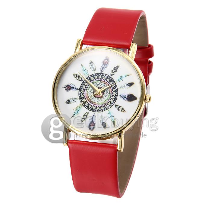 Fashion Peacock Feathers Pattern Leather Strap Analog Quartz Wrist Watch for Woman - Red