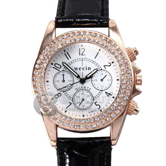Wecin A-963 Women's Lady Style Casual Leather Band Analog Quartz Wrist Watch with Diamond - Black
