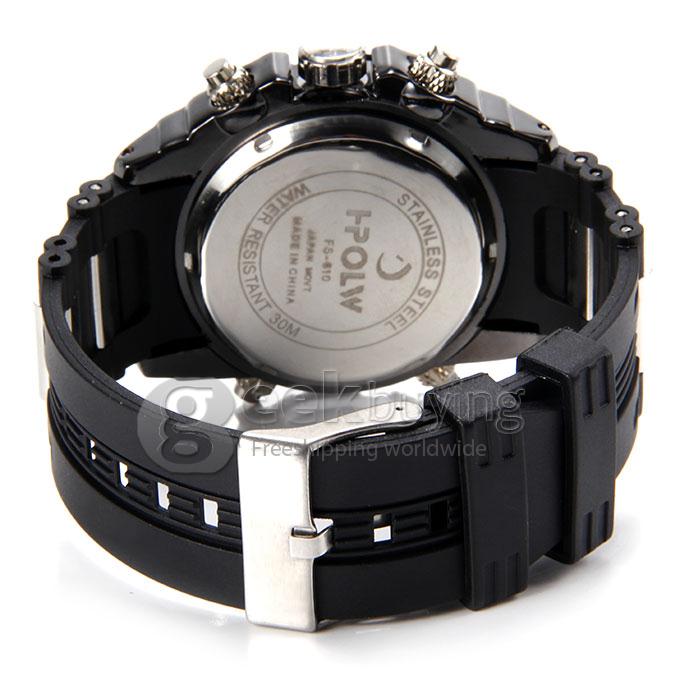 Hpolw 610 LED Big Dial Stainless Steel Analog-Digital Quartz Sport Wrist Watch for Man - Black