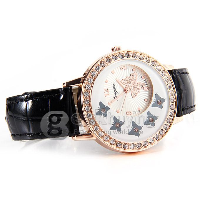 Women's Lady Style Casual Butterfly Leather Strap Analog Quartz Wrist Watch with Diamond - Black