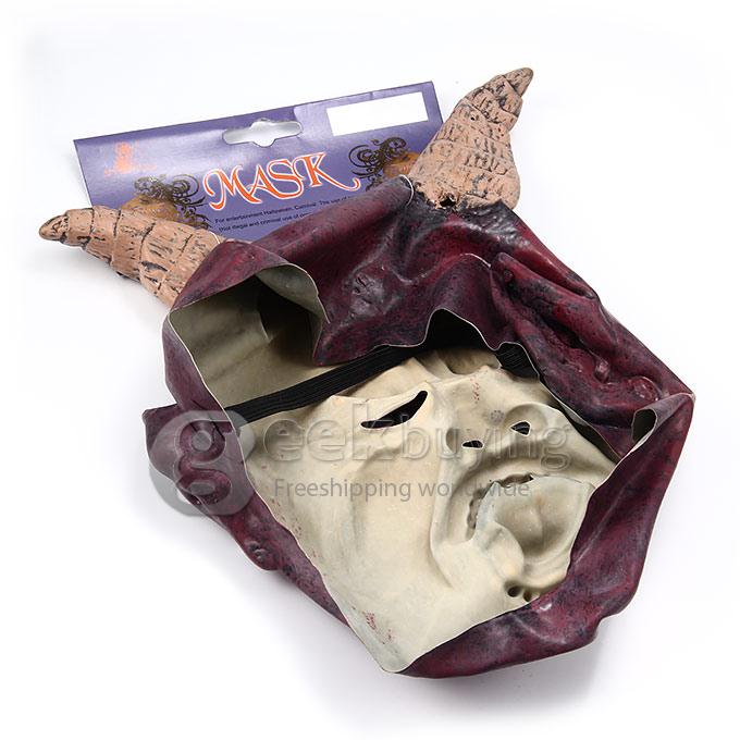 Halloween Thmed Horns Mask with Ferocious Fangs Trick Toy Horror Props for Fancy Parties and Dances - Amaranth
