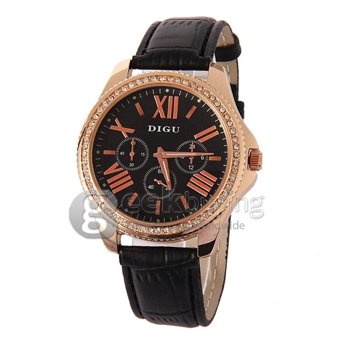 DIGU D025G Fashion Black Leather Strap Rose Golden Case Analog Quartz Sport Wrist Watch for Man - Black