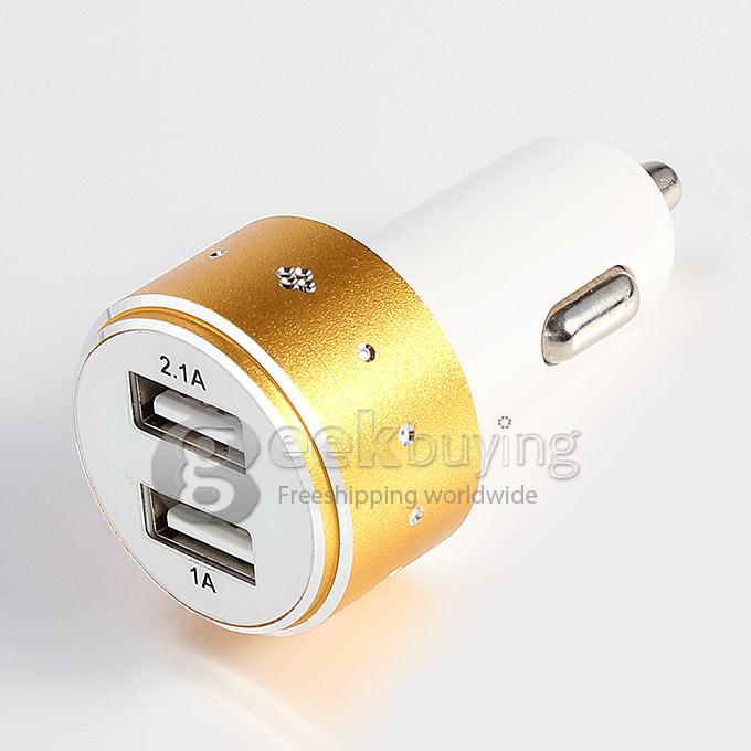 ES-06 Universal Dual USB 2 Port Car Charger Adapter 3.1A with diamond for iPhone 6 Plus Samsung Galaxy Cellphone iPhone 6s plus -Golden