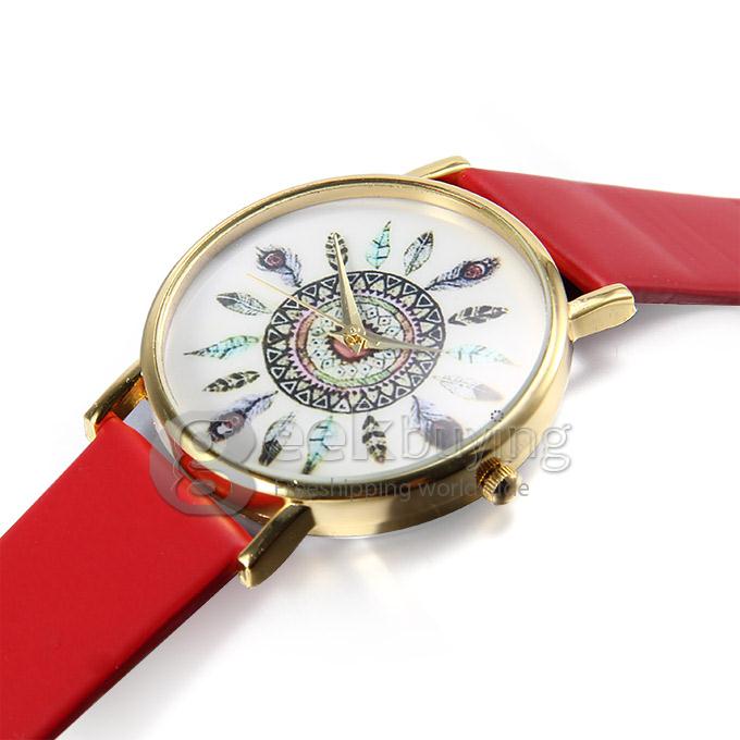Fashion Peacock Feathers Pattern Leather Strap Analog Quartz Wrist Watch for Woman - Red