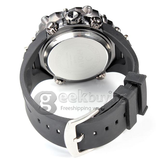 Hpolw 619 Men's LED Analog-Digital Multi-Functional Stainless Steel Case Rubber Band Sport Wrist Watch - Black