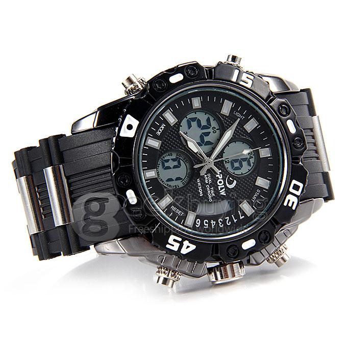 Hpolw 610 LED Big Dial Stainless Steel Analog-Digital Quartz Sport Wrist Watch for Man - Black