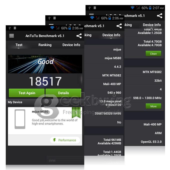 MIJUE M580 MTK6582 Quad Core 1.3GHz 5.5 Inch Android 4.4 OS Smartphone Dual SIM Dual Camera 1GB RAM 8GB ROM IPS Screen 3G GPS 8MP - Black