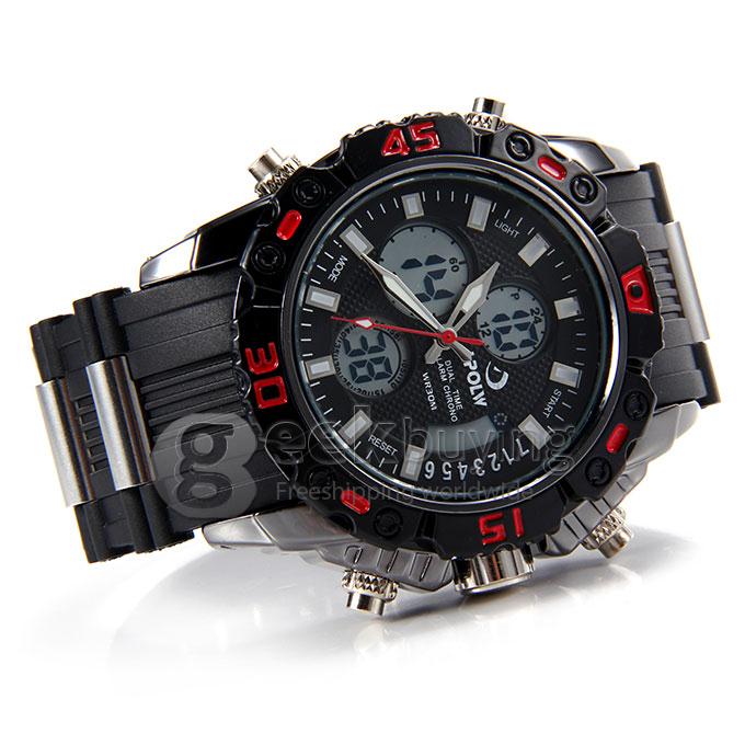 Hpolw 610 LED Big Dial Stainless Steel Analog-Digital Quartz Sport Wrist Watch for Man - Red