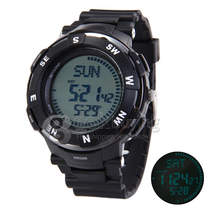 POPART POP-831 Unisex Green Light LED Compass Digital Silicon Band Sport Wrist Watch - Silver