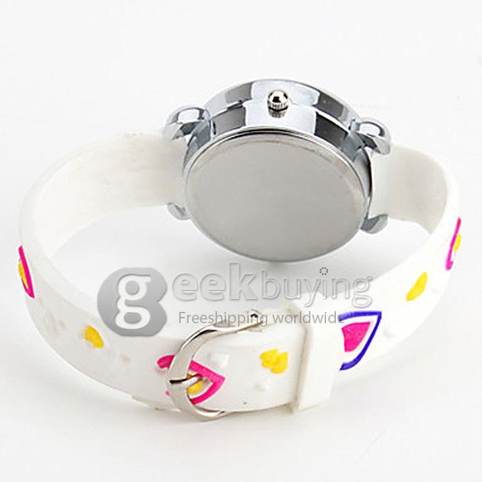 Children's Heart-Shaped Silicone Strap Analog Quartz Wrist Watch with Flashing LED Light - White