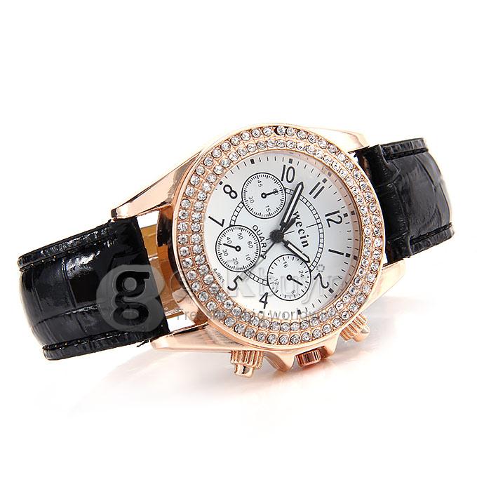 Wecin A-963 Women's Lady Style Casual Leather Band Analog Quartz Wrist Watch with Diamond - Black