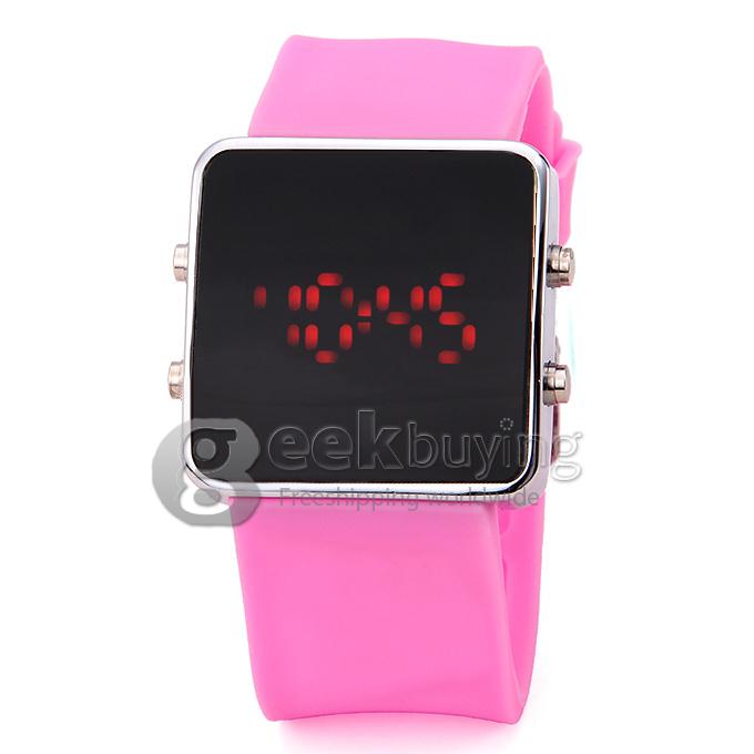 Silicone Band Red LED Digital Alloy Unisex Jelly Sport Style Wrist Watch - Pink