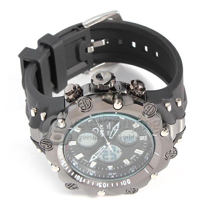 Hpolw 619 Men's LED Analog-Digital Multi-Functional Stainless Steel Case Rubber Band Sport Wrist Watch - Black