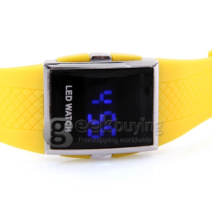 Unisex Square Mirror Face Blue LED Digital Rubber Band Wrist Watch - Yellow