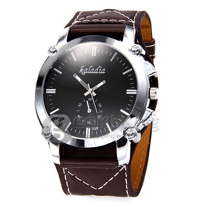 Kaladia 598 Big Round Dial Dress PU Strap Analog Quartz Wrist Watch for Man - Brown