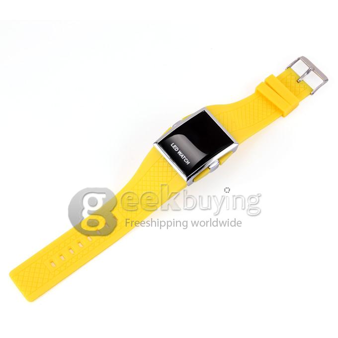 Unisex Square Mirror Face Blue LED Digital Rubber Band Wrist Watch - Yellow