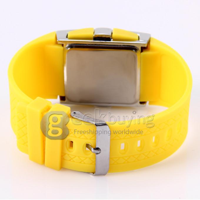 Unisex Square Mirror Face Blue LED Digital Rubber Band Wrist Watch - Yellow