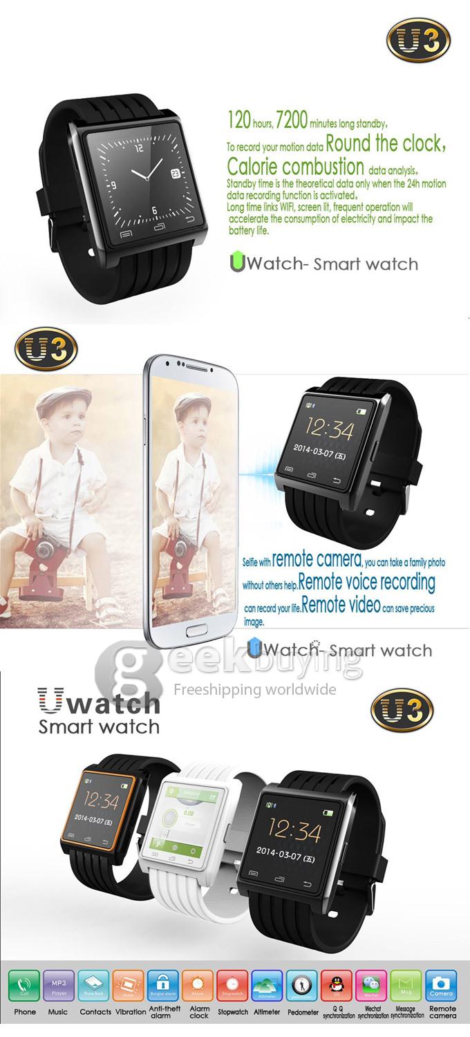 U3 Fashion Smart Bluetooth 4.0 Watch Remote Camera Pedometer Anti Lost Men Women for iPhone Galaxy - Black