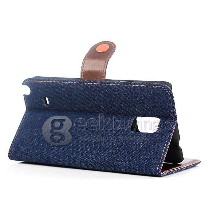 New Style Jeans Stripe Pattern Wallet Leather Case Cover for Samsung Galaxy Note 4 - Dark Blue