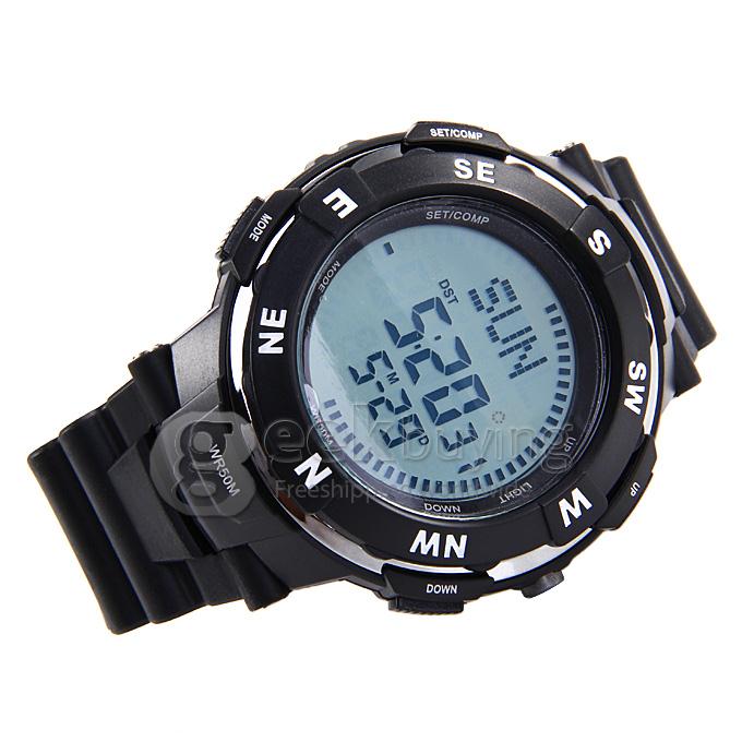 POPART POP-831 Unisex Green Light LED Compass Digital Silicon Band Sport Wrist Watch - Silver