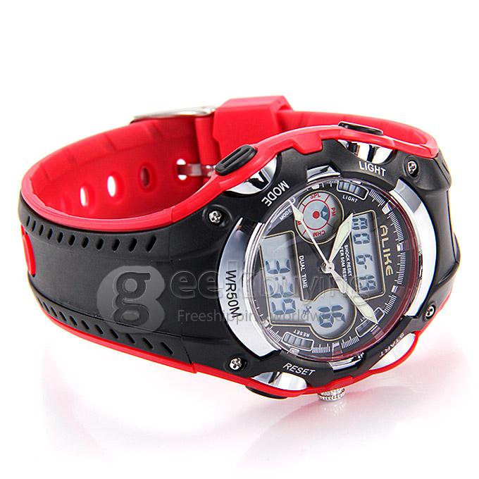ALIKE AK9132 LED Alloy Digital Quartz Rubber Strap 50 Meters Waterproof Sport Utility Wrist Watch - Red
